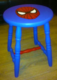 Spiderman Handpainted Stool. Finished with a matt varnish which protects the paint from grubby little fingers and gives a soft sheen wipeable finish.