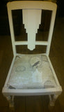 Shabby Chic Chairs. Hand painted with Annie Sloan "Old White" chalk paint, then lightly distressed and finished with Annie Sloan clear wax. The high quality shabby chic fabrics complement these chairs beautifully, as well as being hard wearing and functional.