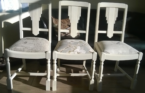 Shabby Chic Chairs. Hand painted with Annie Sloan "Old White" chalk paint, then lightly distressed and finished with Annie Sloan clear wax. The high quality shabby chic fabrics complement these chairs beautifully, as well as being hard wearing and functional.